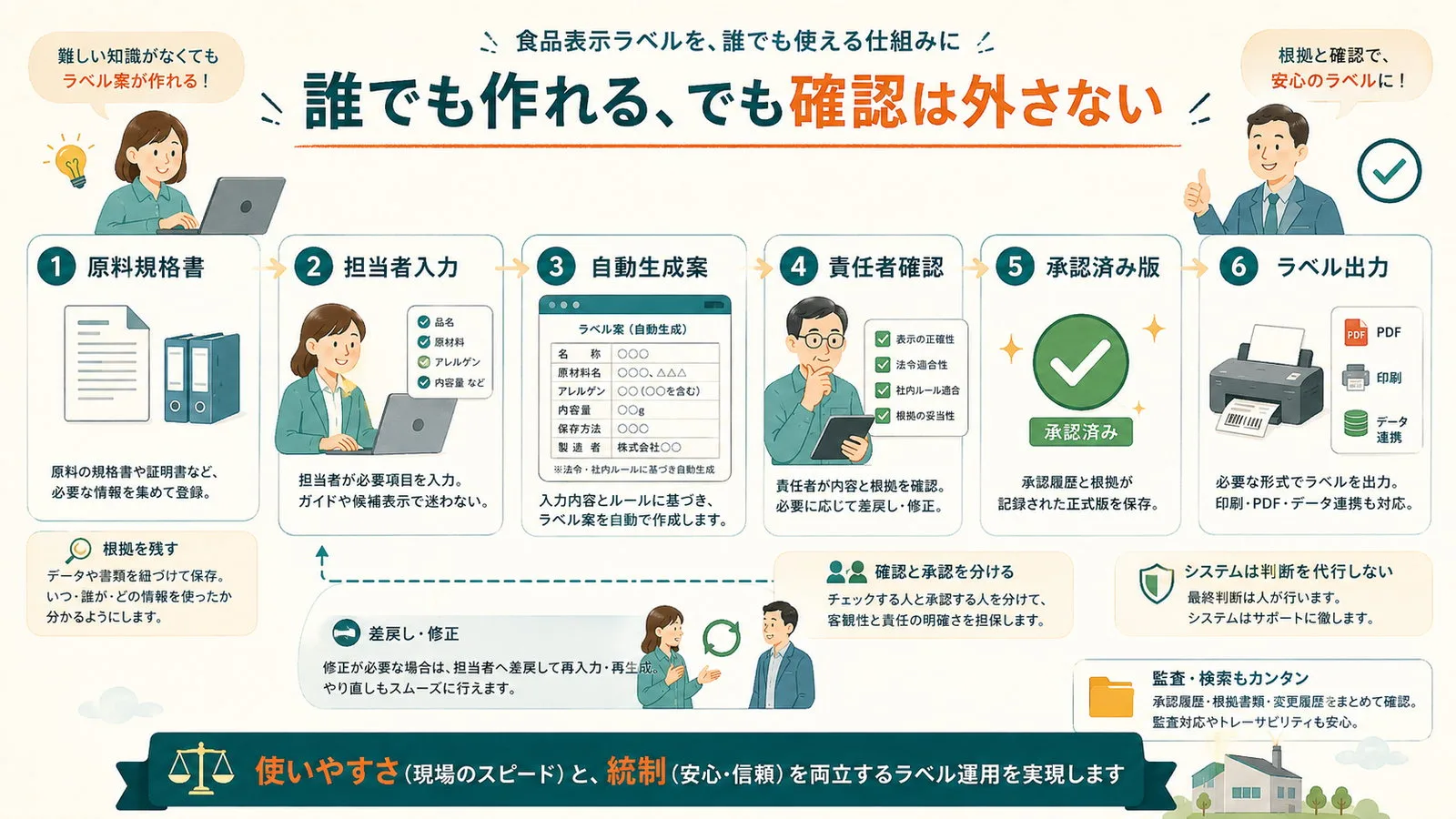 原料規格書、担当者入力、自動生成案、責任者確認、承認済み版、ラベル出力の流れを表したイラスト
