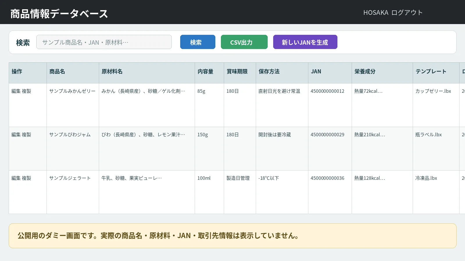 食品表示商品データベースの匿名化モック画面